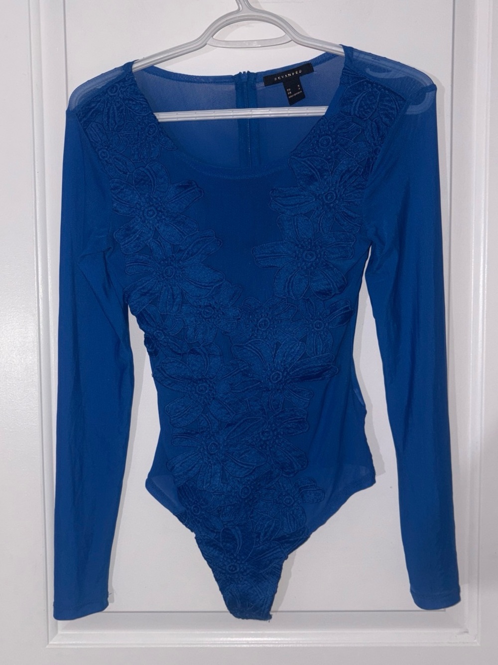 Revamped Royal Blue Long-Sleeve Floral Appliqué Bodysuit